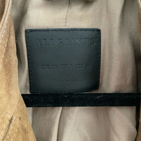 All Saints Kerr Real Suede Biker Jacket Tan Brown Leather Buckle Zips Size 8 - Picture 3 of 5
